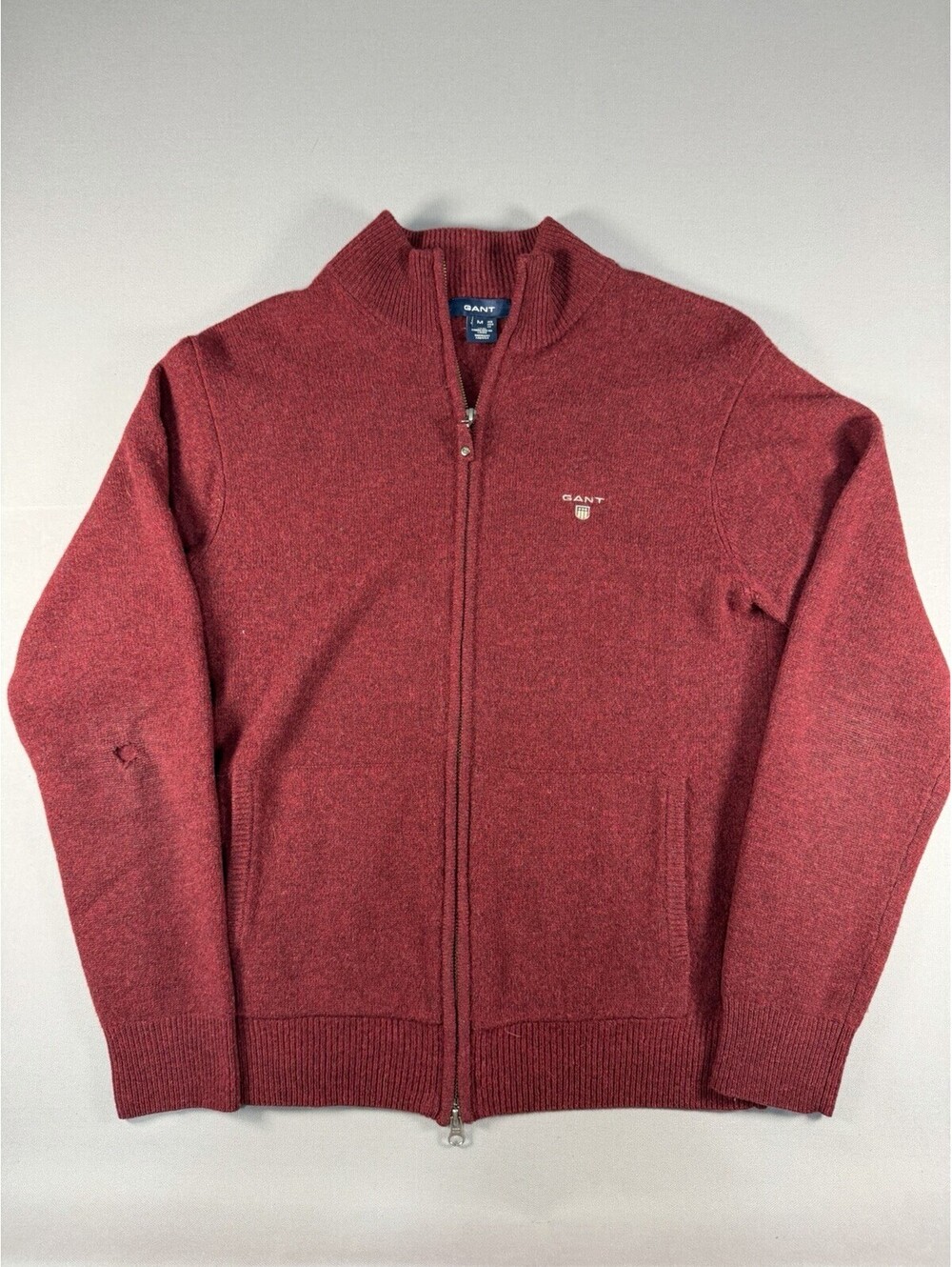 Gant Mens M Red Lambswool Full Zip Long Sleeve Knit Cardigan Sweater Mock Neck